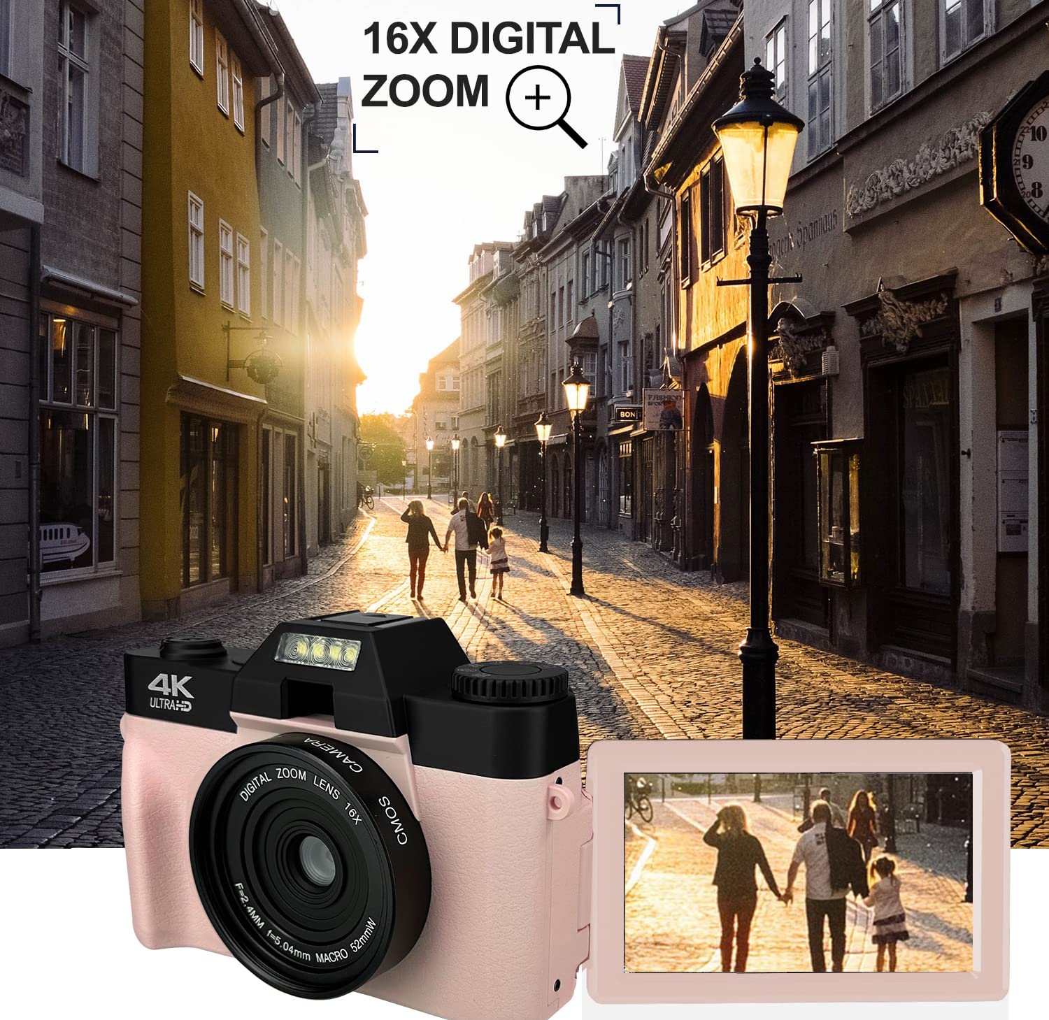 Acuvar 4K 48MP Digital Camera for Photography, Vlogging Camera for YouTube with 3’’ 180° Flip Screen, WiFi, 16X Zoom, Rechargeable Battery, 64GB Micro SD Card, 6 PC Card Holder, USB Card Reader (Pink)