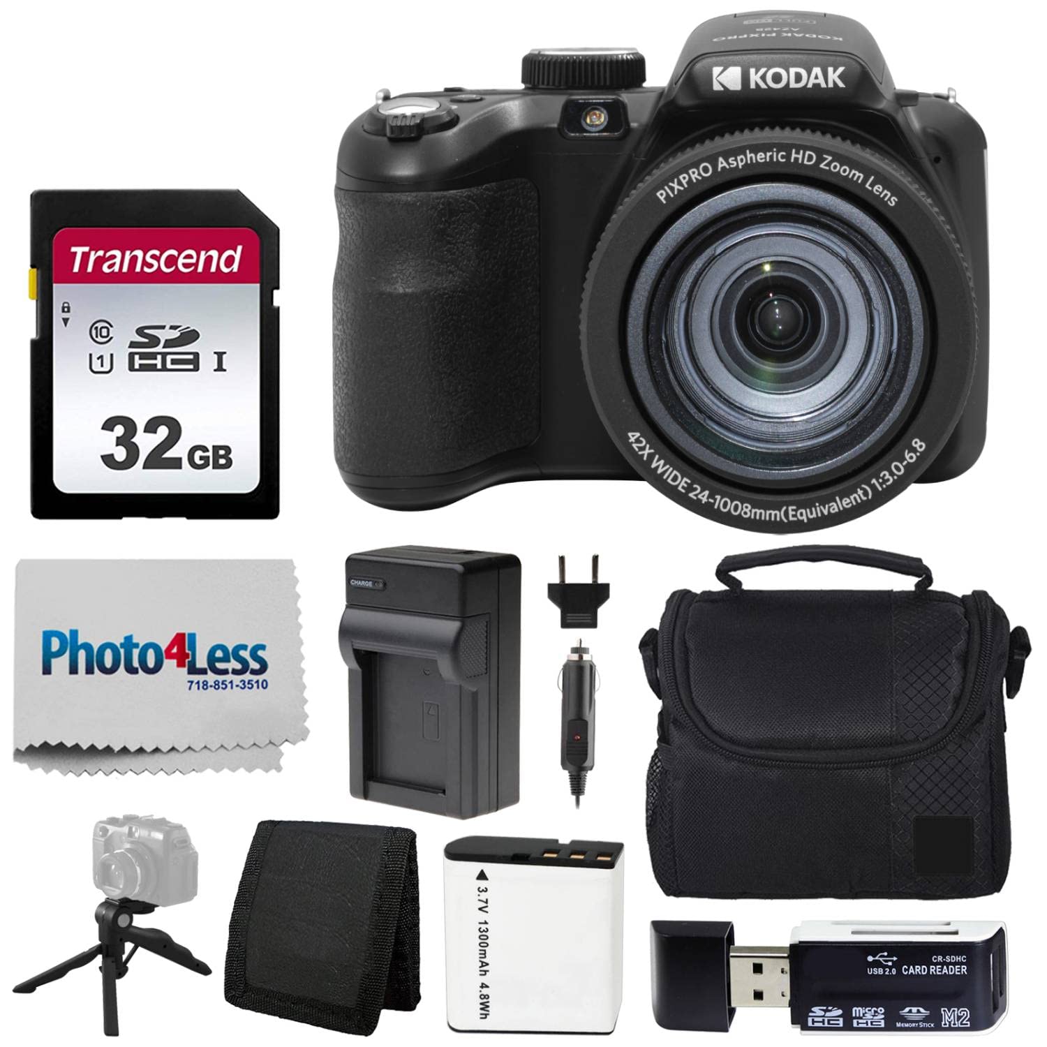 Kodak PIXPRO AZ425 Digital Camera Bundle with 32GB Memory Card, Camera Case (Black), Battery, Charger, USB Card Reader, Table Tripod, Accessories (Black)