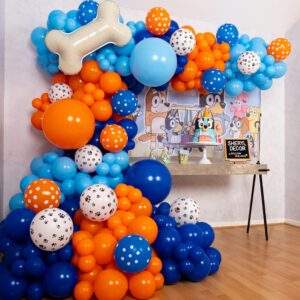 all-in-1 bluey balloons arch & garland kit with bonus dog bone – small and large bluey birthday party balloons in blue and orange – bluey themed party decorations & supplies for boy or girl birthday