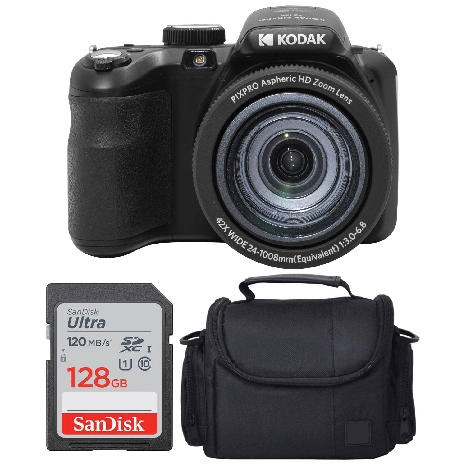 Kodak PIXPRO AZ425 Digital Camera + Camera Case + 128GB Memory Card (Black)