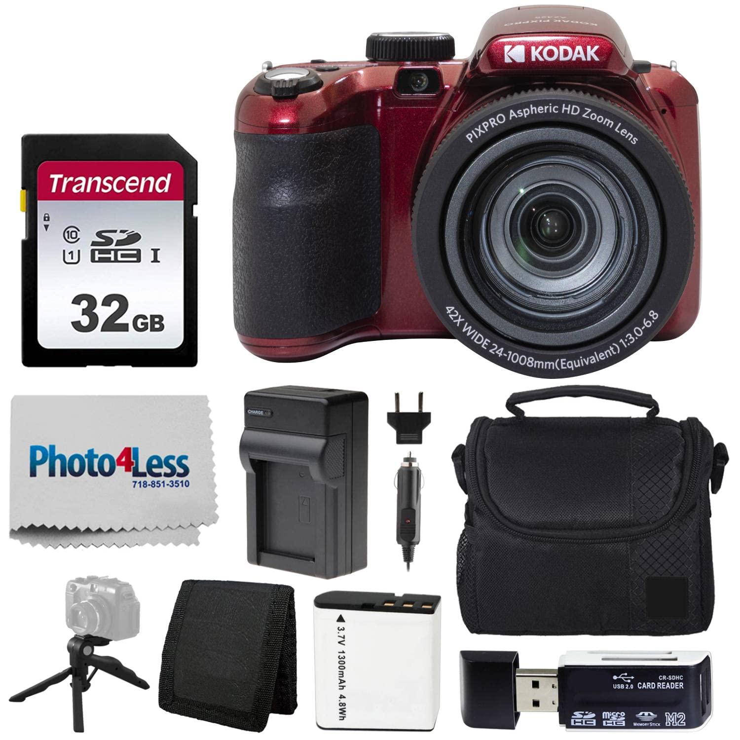 Kodak PIXPRO AZ425 Digital Camera + 32GB Memory Card + Camera Case (Black) + Battery + Charger + USB Card Reader + Table Tripod + Accessories (Red)