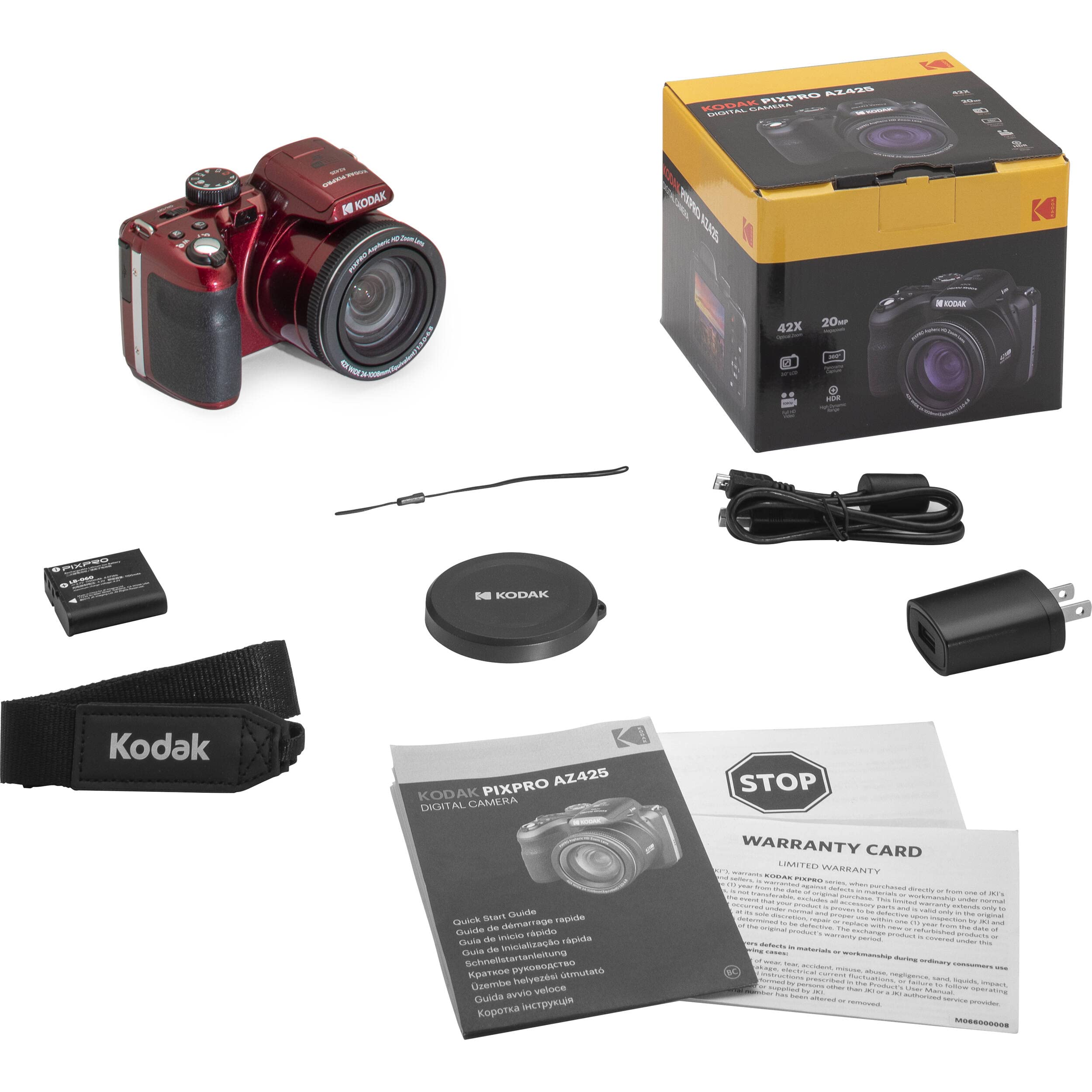 Kodak PIXPRO AZ425 Digital Camera + 32GB Memory Card + Camera Case (Black) + Battery + Charger + USB Card Reader + Table Tripod + Accessories (Red)