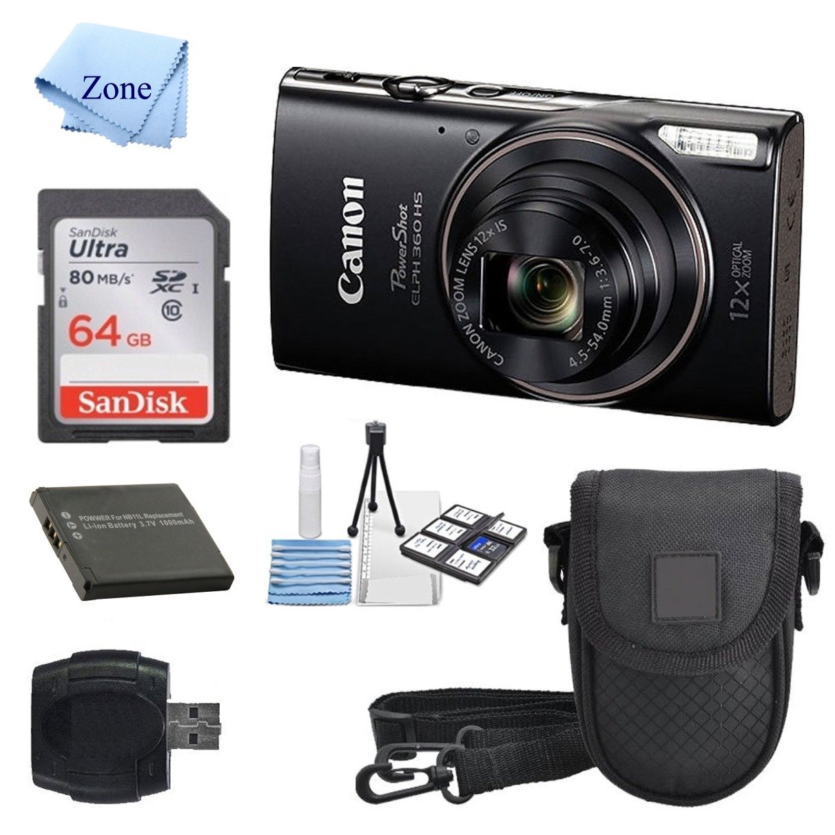 Canon PowerShot ELPH 360 HS(Black) with 12x Optical Zoom and Built-in Wi-Fi with Deluxe Starter Kit Including 64GB SDHC Flexible Tripod + Extra Battery + Protective Camera Case (Renewed)