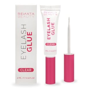 renata beauty lash glue for false eyelash extensions – 24 hour transparent glue for false lashes – waterproof cluster lash glue with dual function flexible brush tube – compatible with glue remover