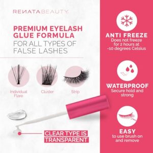 Renata Beauty Lash Glue for False Eyelash Extensions – 24 Hour Transparent Glue for False Lashes – Waterproof Cluster Lash Glue with Dual Function Flexible Brush Tube – Compatible with Glue Remover