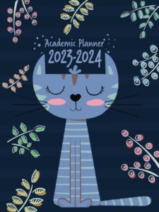 academic planner 2023-2024 large | cute blue cat teacher: july - june | weekly & monthly | us federal holidays and moon phases