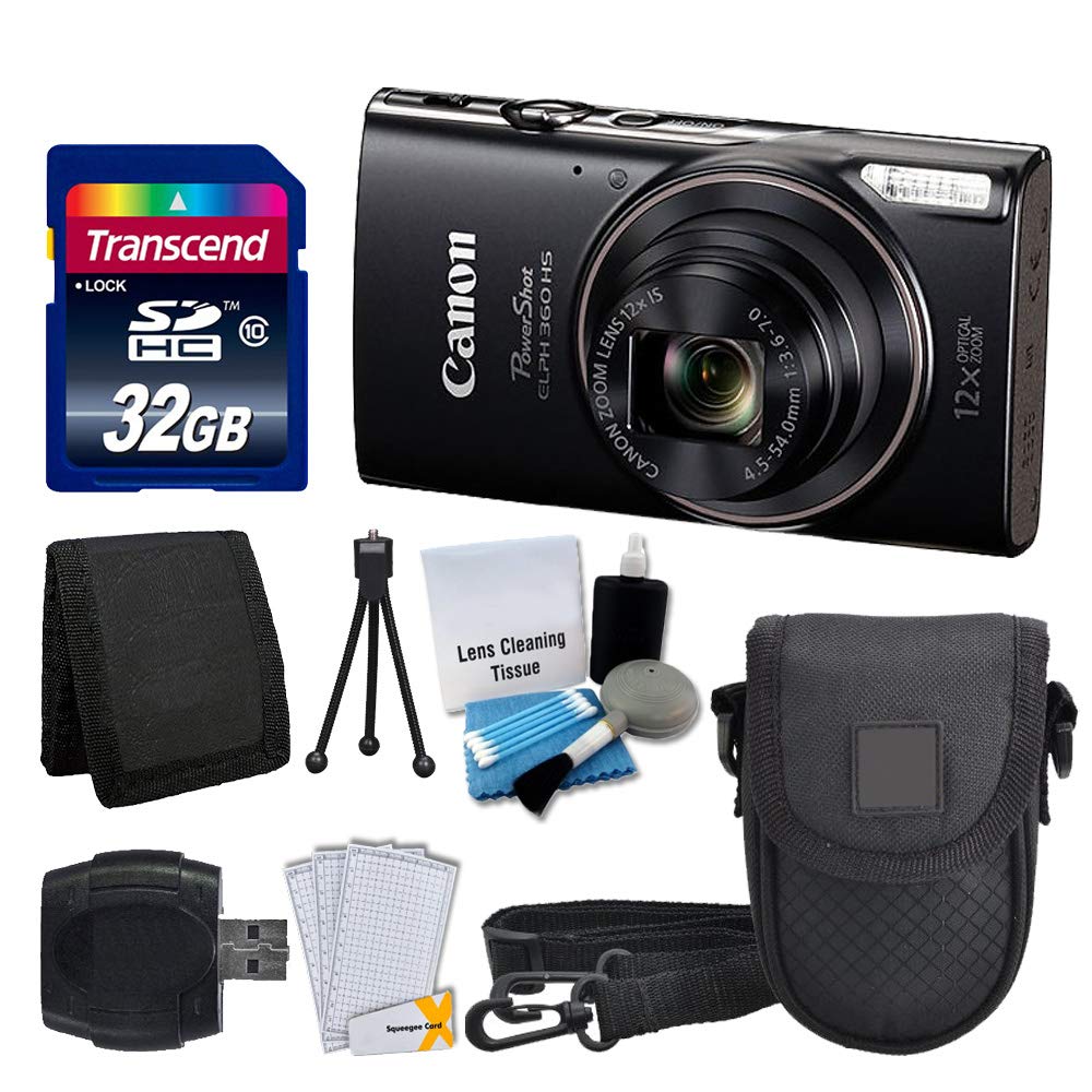 Canon PowerShot ELPH 360 HS Digital Camera (Black) + Transcend 32GB Memory Card + Camera Case + USB Card Reader + LCD Screen Protectors + Memory Card Wallet + Complete Accessory Bundle (Renewed)