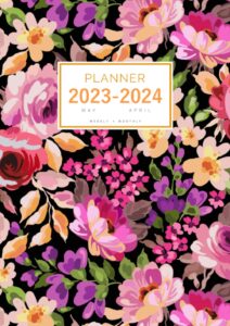 planner 2023-2024: a4 weekly and monthly organizer from may 2023 to april 2024 | painted colorful flower design black