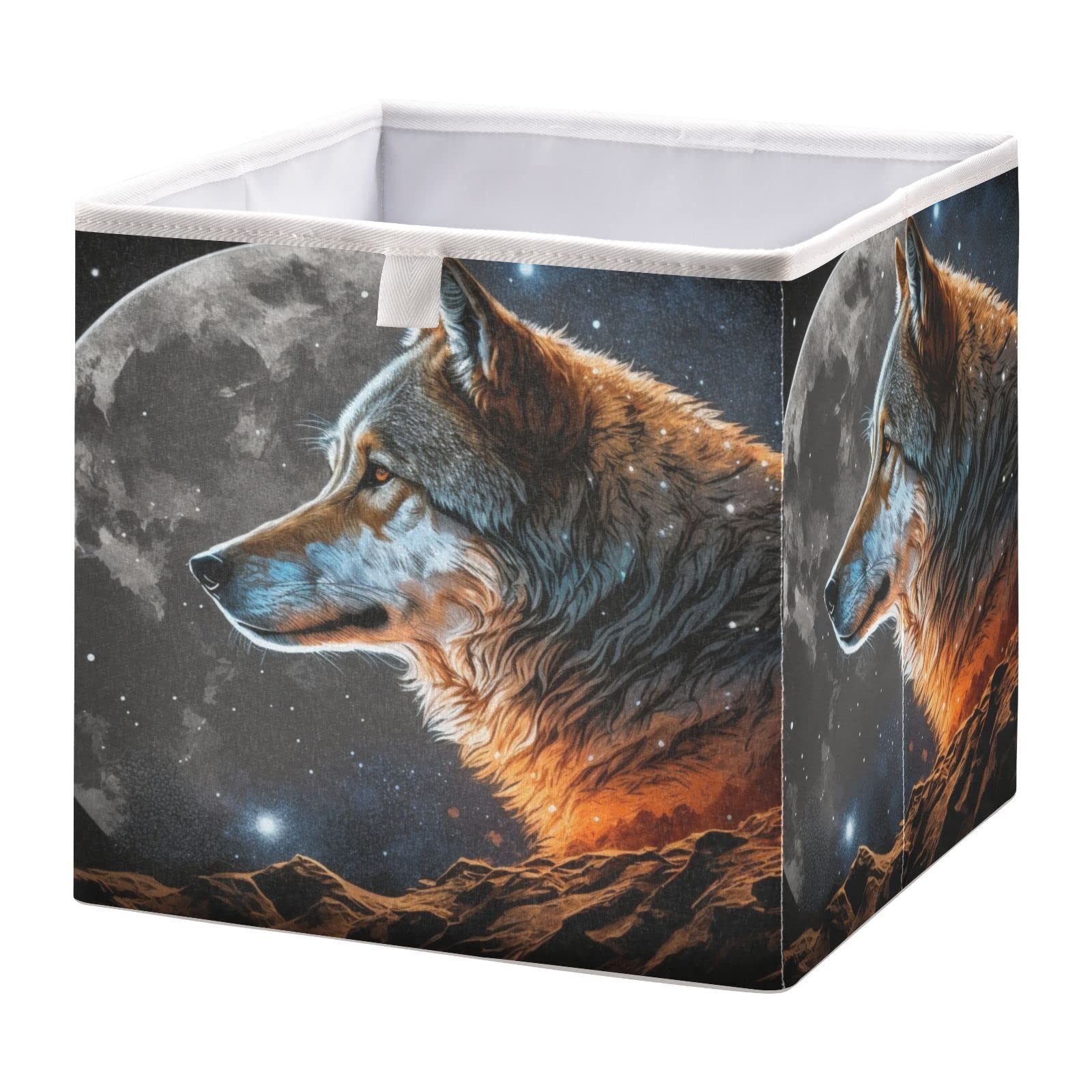 Vnurnrn Cube Storage Bins (Close Up Wolf Moon), Collapsible Storage Box with Support Board, Foldable Fabric Basket for Shelf Closet Cabinet 11.02×11.02×11.02 in