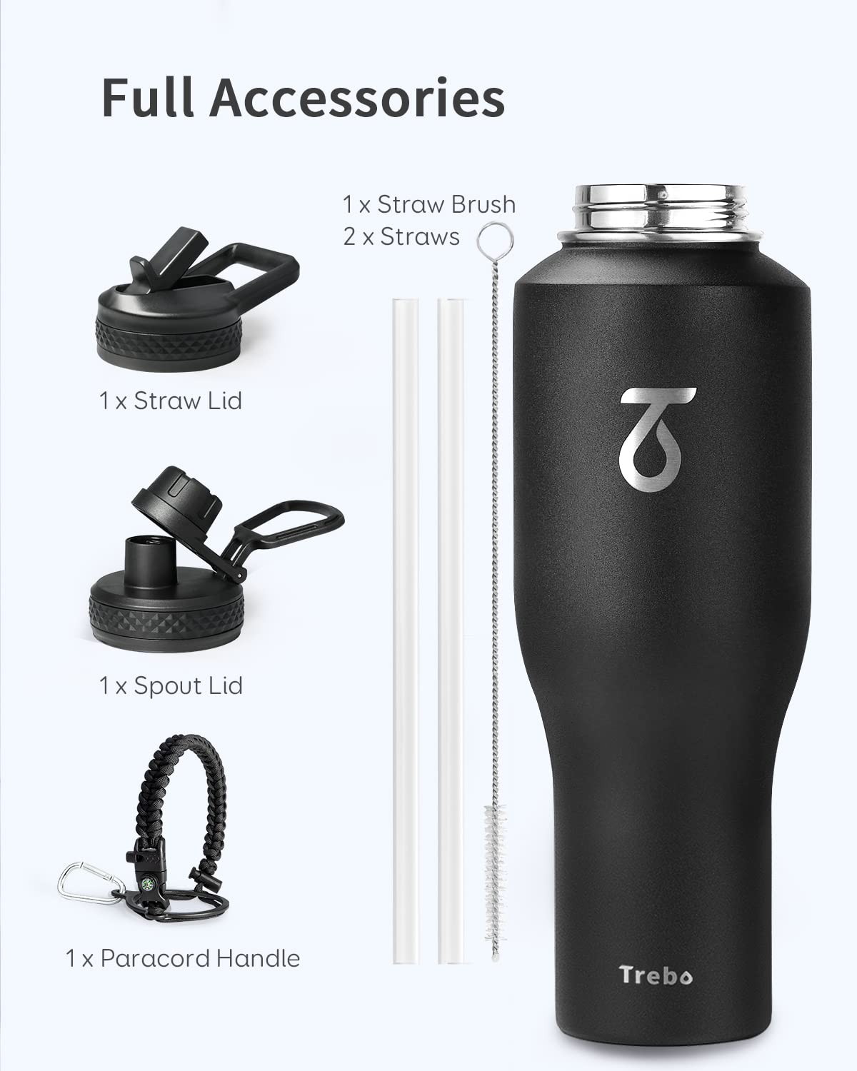 Trebo 40oz Insulated Water Bottle that Fits in Cup Holder, Stainless Steel Bottles Tumbler Double Wall Metal with Straw Spout Lids,Travel Flask with Paracord Handle, Sweat Proof Keep Cold &Hot,Black