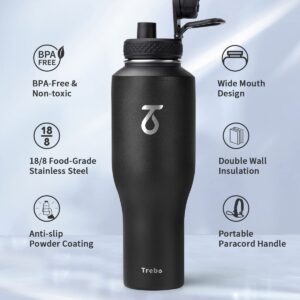Trebo 40oz Insulated Water Bottle that Fits in Cup Holder, Stainless Steel Bottles Tumbler Double Wall Metal with Straw Spout Lids,Travel Flask with Paracord Handle, Sweat Proof Keep Cold &Hot,Black