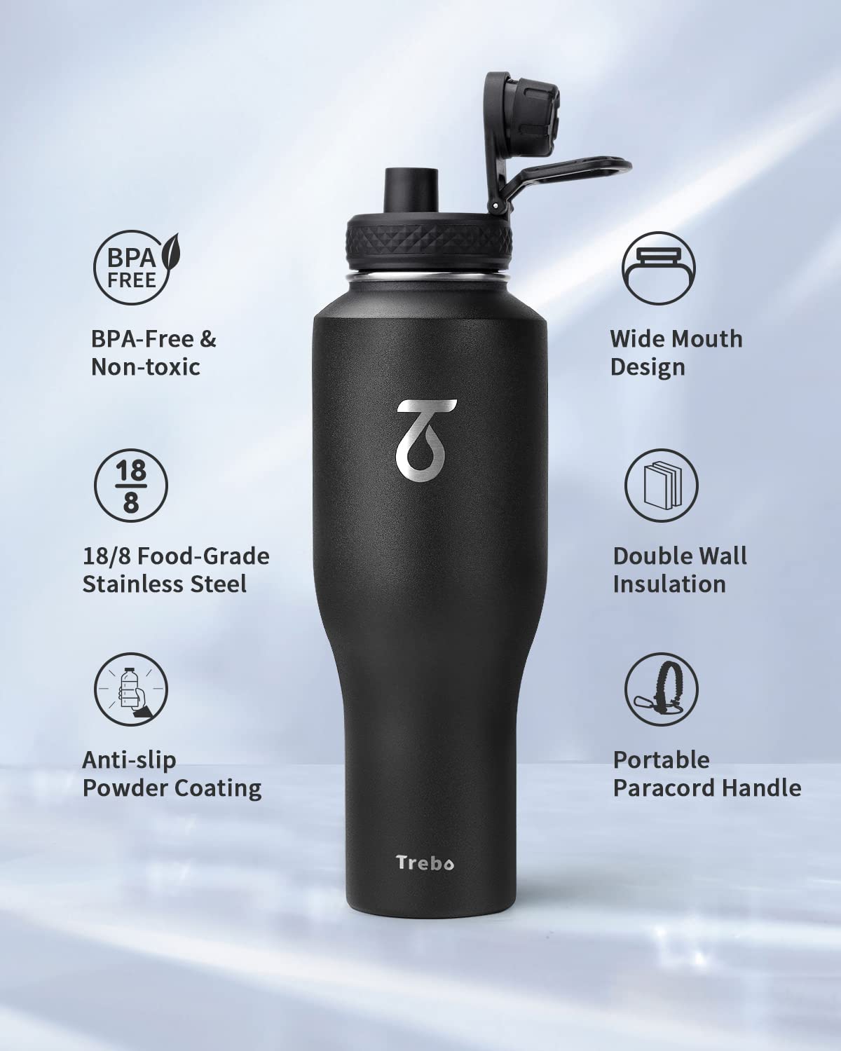 Trebo 40oz Insulated Water Bottle that Fits in Cup Holder, Stainless Steel Bottles Tumbler Double Wall Metal with Straw Spout Lids,Travel Flask with Paracord Handle, Sweat Proof Keep Cold &Hot,Black