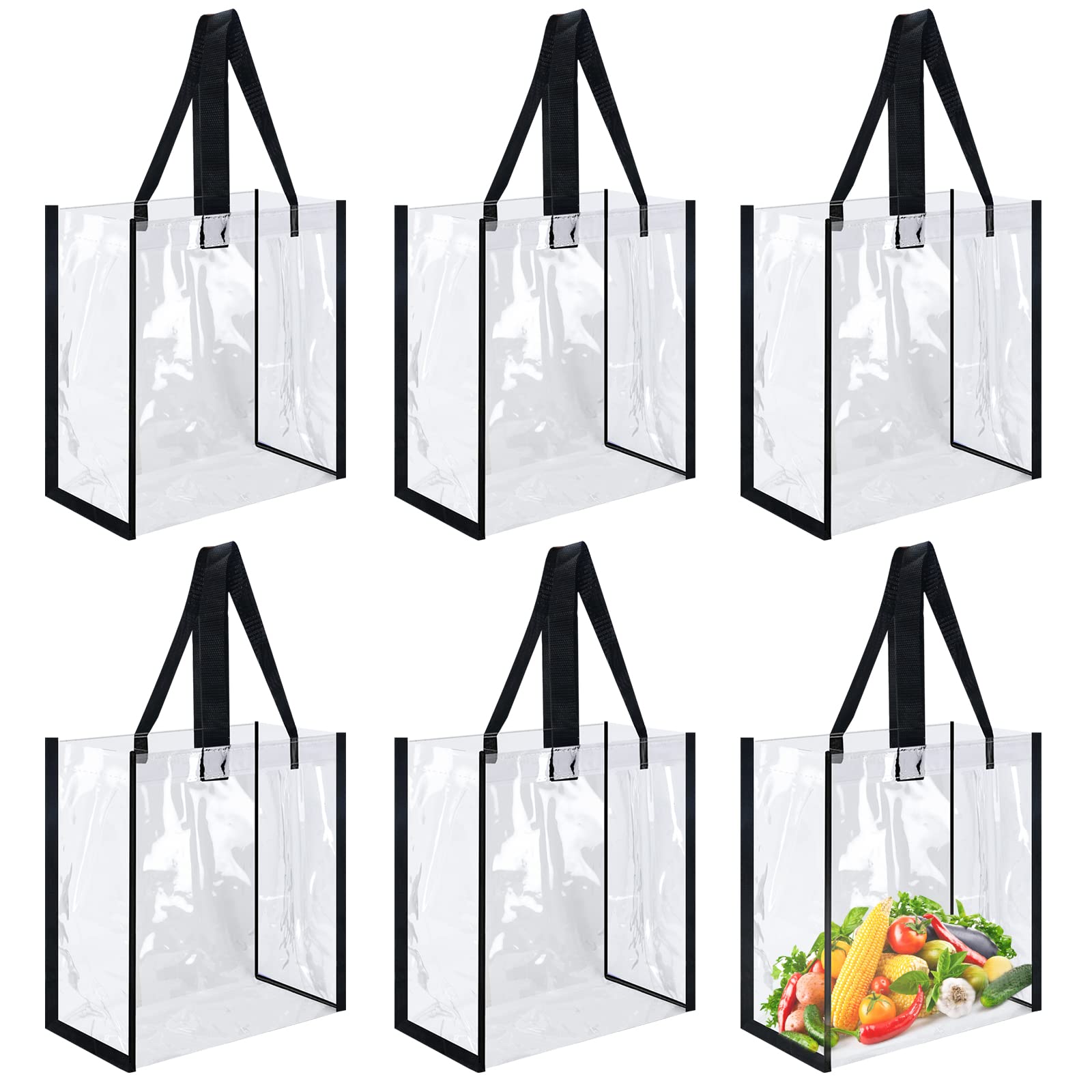 WYKOO 6 Pack 12 x 12 x 6 Inch Clear Tote Bags PVC Plastic Tote Bag With Handles Bulk Stadium Approved Clear Tote Bags for Work Beach Lunch Sports, Concerts