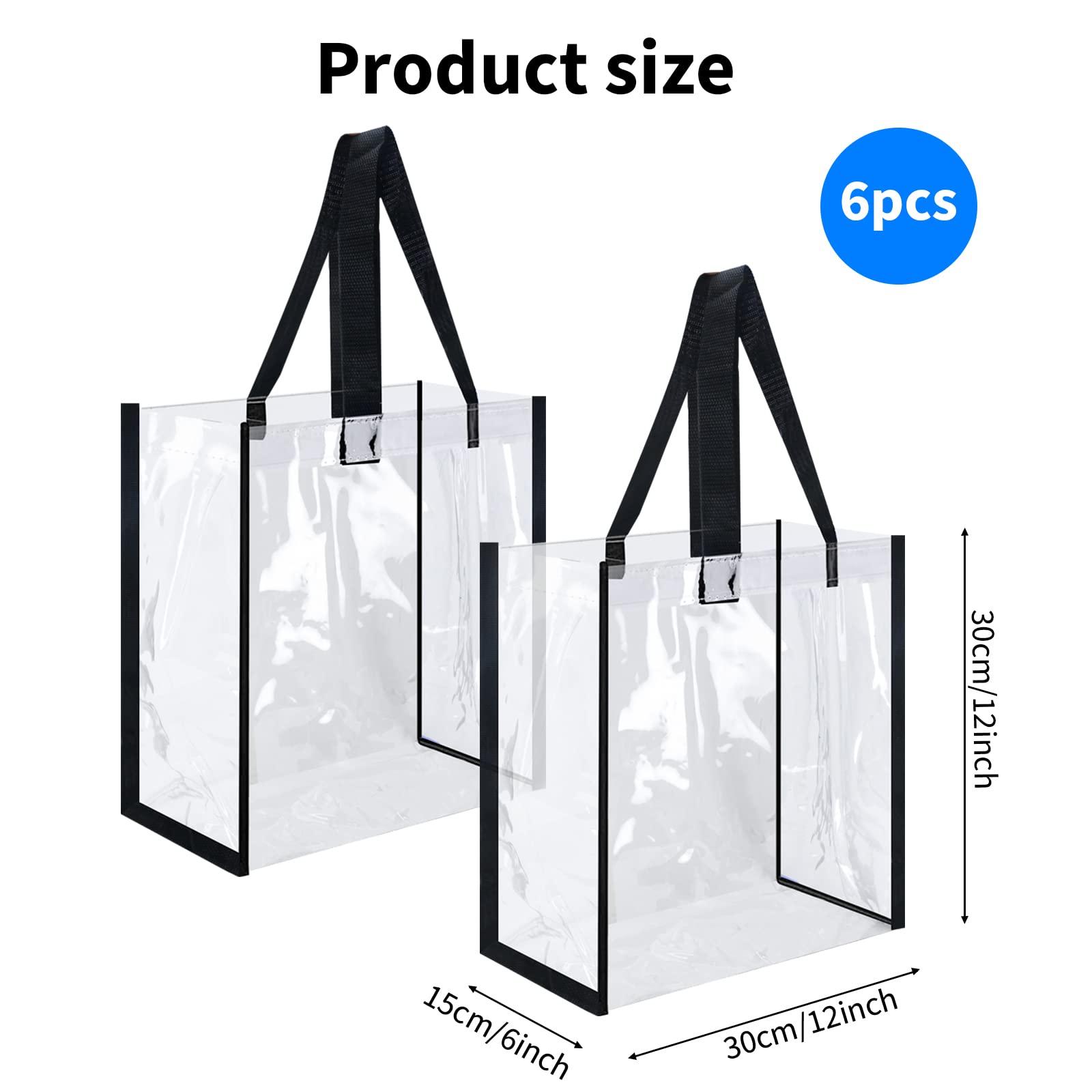 WYKOO 6 Pack 12 x 12 x 6 Inch Clear Tote Bags PVC Plastic Tote Bag With Handles Bulk Stadium Approved Clear Tote Bags for Work Beach Lunch Sports, Concerts