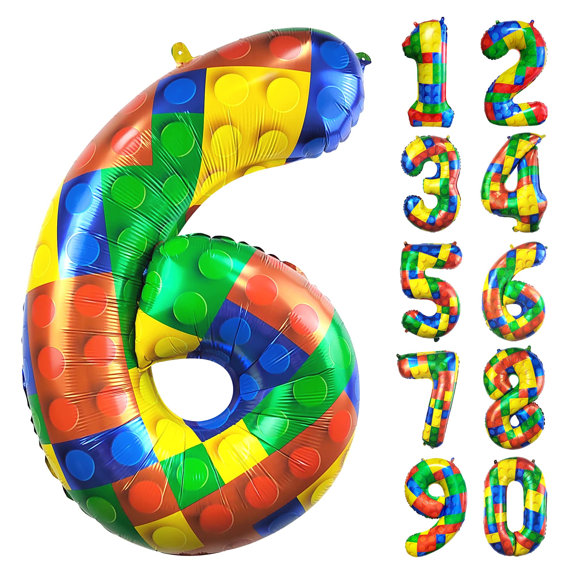 32 Inch Building Block Number 6 Balloons 6 year old Large Big Helium Foil Mylar Balloon for Girls Boys 6th Birthday Party Decoration Supplies