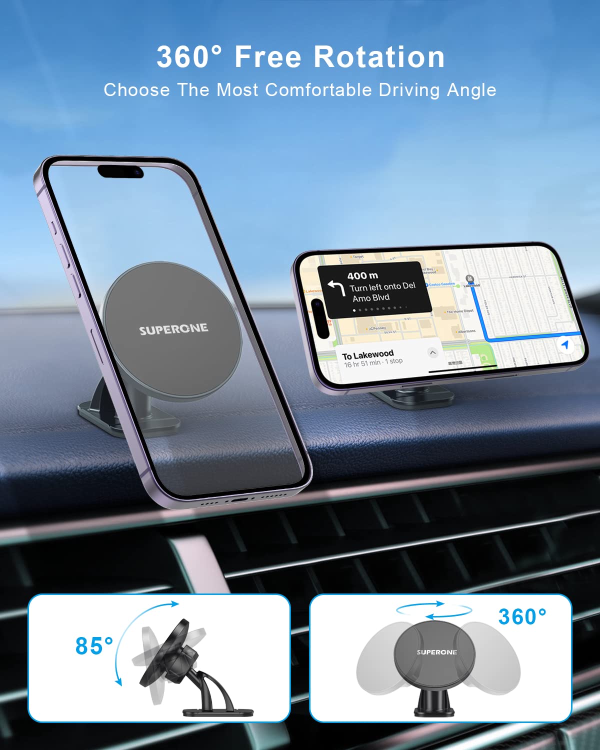 SUPERONE for MagSafe Car Mount, Strong [Never Drop] Magnetic Phone Holder for Car Dash, HandsFree 360° Rotation Phone Mount [Strongest 3M Adhesive] for iPhone 15 14 13 12 & MagSafe Case - Black