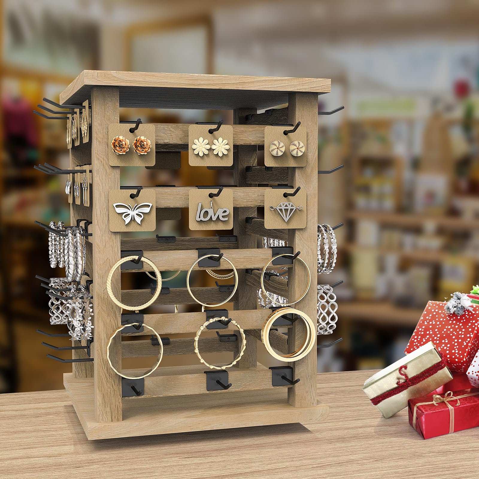 Fumingpal Wood Rotating Jewelry Storage Display, Rotating Jewelry Stand Earring Keychain Display Stand, Jewelry Display Stand for Vendors, Earring Display for Selling, Store, Showcase and Home