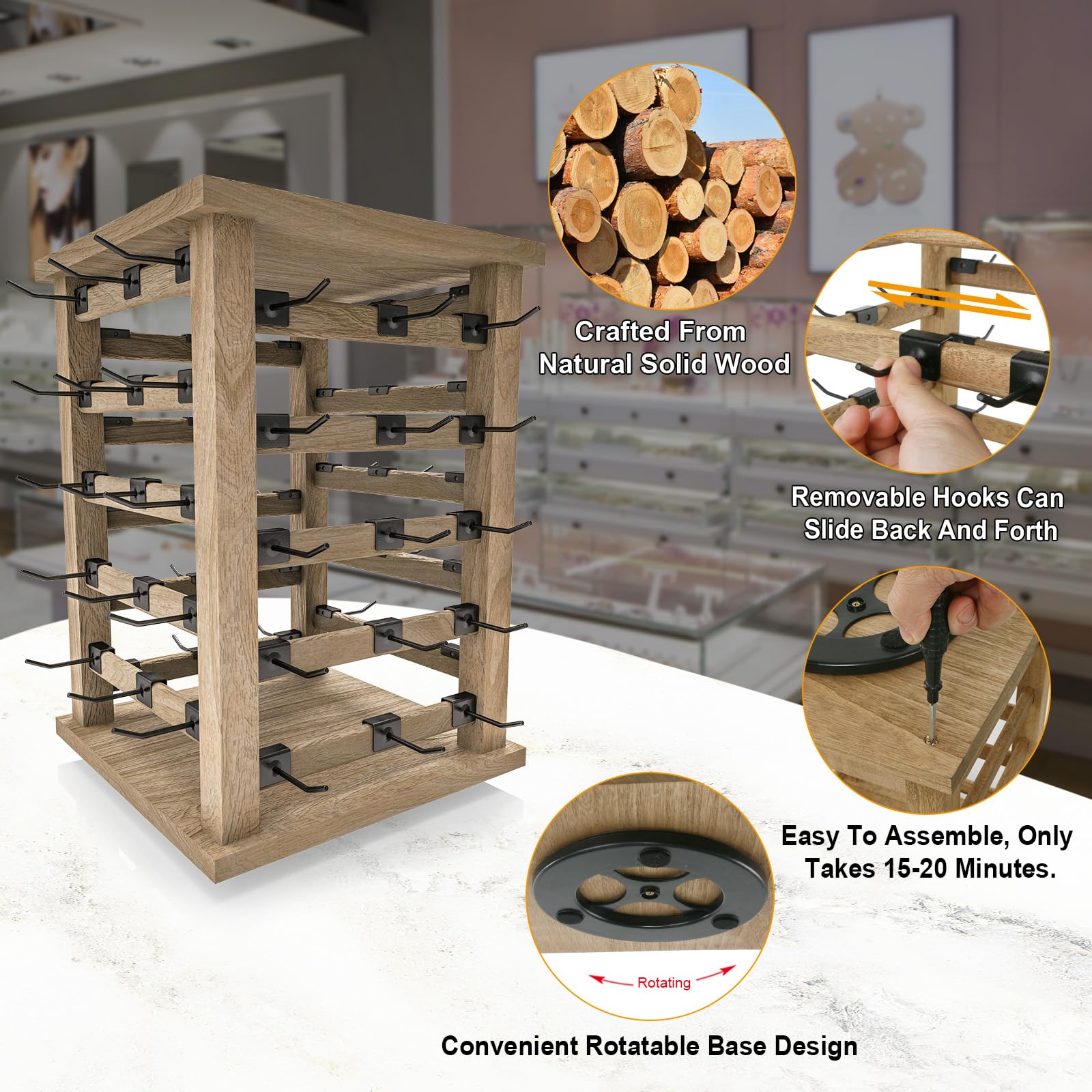 Fumingpal Wood Rotating Jewelry Storage Display, Rotating Jewelry Stand Earring Keychain Display Stand, Jewelry Display Stand for Vendors, Earring Display for Selling, Store, Showcase and Home