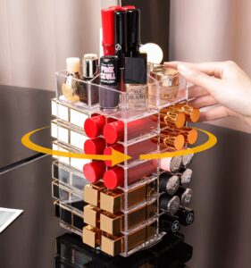 sooyee lipstick organizer,53 spaces 360 degree spinning lipstick holder,acrylic cosmetic display cases for lipstick, brushes, bottles, and more,clear