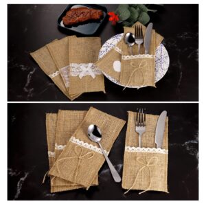 uxcell Burlap Lace Utensil Holders, 10Pcs Knife Forks Napkin Silverware Holder Bag Cutlery Pouch for Wedding Table Decoration