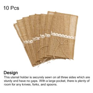 uxcell Burlap Lace Utensil Holders, 10Pcs Knife Forks Napkin Silverware Holder Bag Cutlery Pouch for Wedding Table Decoration