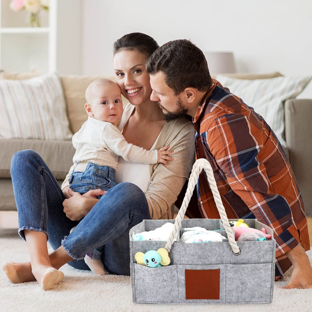 Baby Diaper Caddy - Nursery Storage Bin and Car Organizer for Diapers and Baby Wipes - Gray