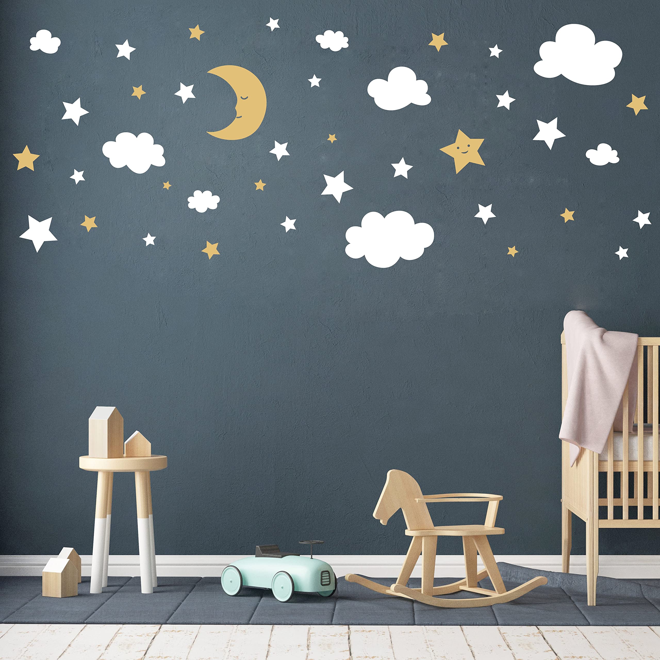 Crescent Moon Stars and Clouds Wall Decals Moon and Stars Nursery Wall Stickers Starry Sky Playroom Decor Kids Rooms Mural Kids Room Wall Art Y59 (White,Gold)