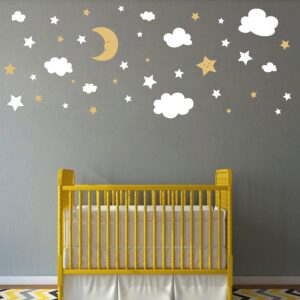 Crescent Moon Stars and Clouds Wall Decals Moon and Stars Nursery Wall Stickers Starry Sky Playroom Decor Kids Rooms Mural Kids Room Wall Art Y59 (White,Gold)