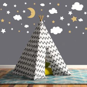 Crescent Moon Stars and Clouds Wall Decals Moon and Stars Nursery Wall Stickers Starry Sky Playroom Decor Kids Rooms Mural Kids Room Wall Art Y59 (White,Gold)