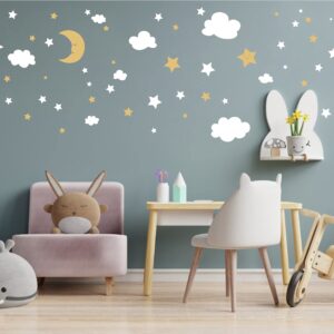 Crescent Moon Stars and Clouds Wall Decals Moon and Stars Nursery Wall Stickers Starry Sky Playroom Decor Kids Rooms Mural Kids Room Wall Art Y59 (White,Gold)