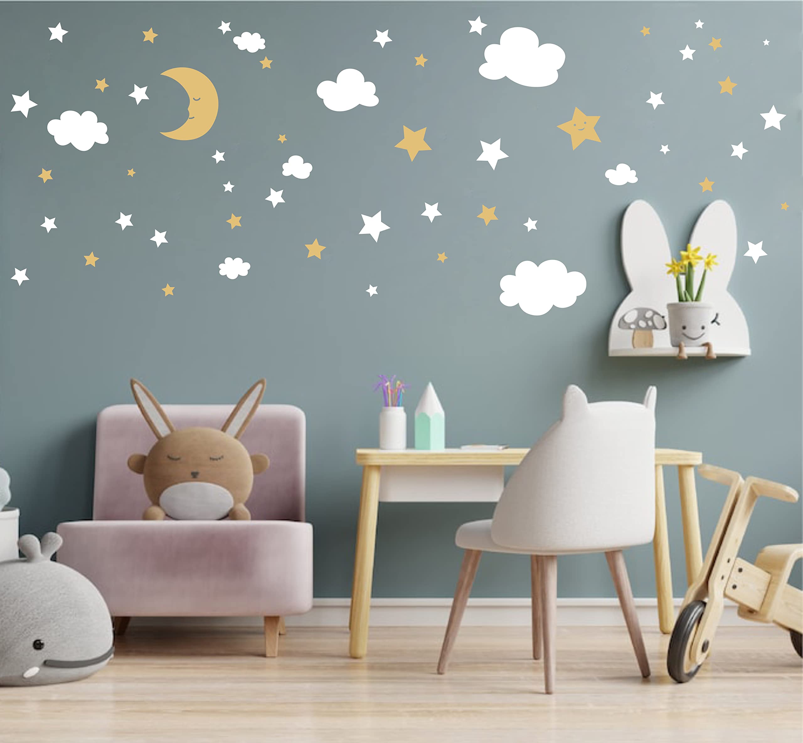 Crescent Moon Stars and Clouds Wall Decals Moon and Stars Nursery Wall Stickers Starry Sky Playroom Decor Kids Rooms Mural Kids Room Wall Art Y59 (White,Gold)