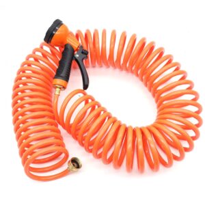 besiter coil hose 50 ft, eva recoil garden hose brass connector, coiled watering hose, lightweight flexible hoses, and includes 10 patterns spray nozzle for outdoors lawn watering, car washing orange