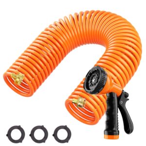 BESITER Coil Hose 50 ft, EVA Recoil Garden Hose Brass Connector, Coiled Watering Hose, Lightweight Flexible hoses, and Includes 10 Patterns Spray Nozzle for Outdoors Lawn Watering, Car Washing Orange