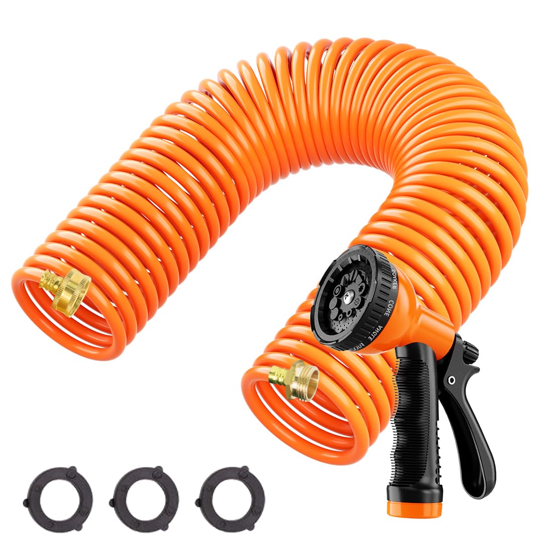 BESITER Coil Hose 50 ft, EVA Recoil Garden Hose Brass Connector, Coiled Watering Hose, Lightweight Flexible hoses, and Includes 10 Patterns Spray Nozzle for Outdoors Lawn Watering, Car Washing Orange