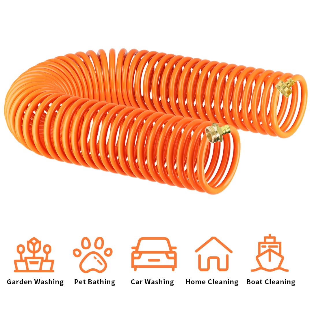 BESITER Coil Hose 50 ft, EVA Recoil Garden Hose Brass Connector, Coiled Watering Hose, Lightweight Flexible hoses, and Includes 10 Patterns Spray Nozzle for Outdoors Lawn Watering, Car Washing Orange