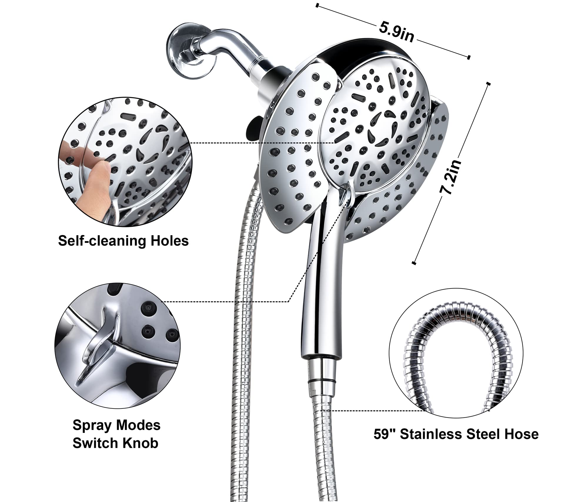 GRICH Dual Shower Head with Handheld: 2 IN 1 High Pressure Handheld Shower Head & Rainfall Shower Head, 9 Spray Modes/Settings Detachable Shower Head with Hose, cUPC and CEC Certification Approved