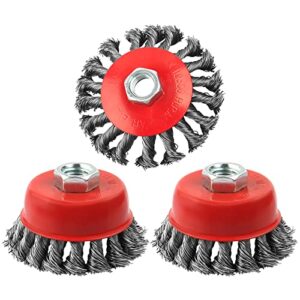 wenora 3 pack wire wheel brush for angle grinder, 4 inch angle grinder wire wheel, wire wheels for 4 1/2 angle grinder -5/8 inch threaded arbor ,0.02 inch carbon steel wire brush for angle grinder