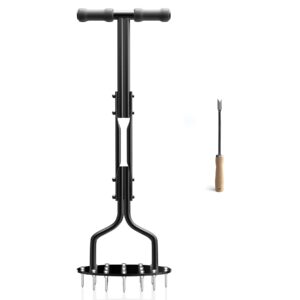eeieer lawn aerator spikes aerating tool, manual aeration tools with 15 spikes, yard aerators with cleaning weeder tool for compacted soil & lawns garden