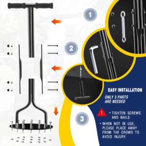 EEIEER Lawn Aerator Spikes Aerating Tool, Manual Aeration Tools with 15 Spikes, Yard Aerators with Cleaning Weeder Tool for Compacted Soil & Lawns Garden