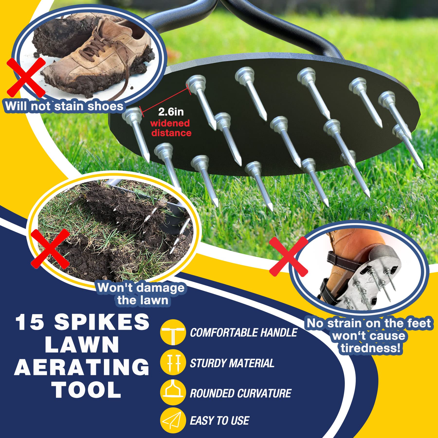 EEIEER Lawn Aerator Spikes Aerating Tool, Manual Aeration Tools with 15 Spikes, Yard Aerators with Cleaning Weeder Tool for Compacted Soil & Lawns Garden