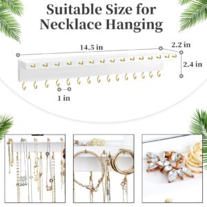 YYILIS Necklace Holder, Upgraded Extra Large Wall Necklace Organizer with 30 Hooks Wall Mounted Necklace Hanger with Jewelry Tray/Cosmetics Shelf Rustic Pine Wood Holder (White)