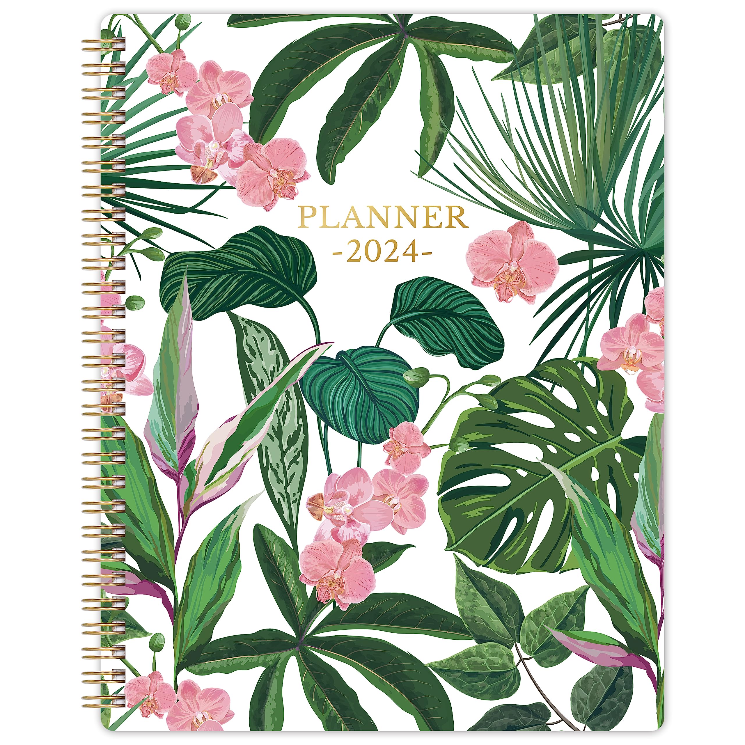 2024 Planner - Jan. 2024 - Dec. 2024, Planner 2024, 8" x 10", 2024 Planner Weekly and Monthly with Marked Tabs + Thick Paper + Contacts + Calendars + Holidays + Twin-Wire Binding - White Floral