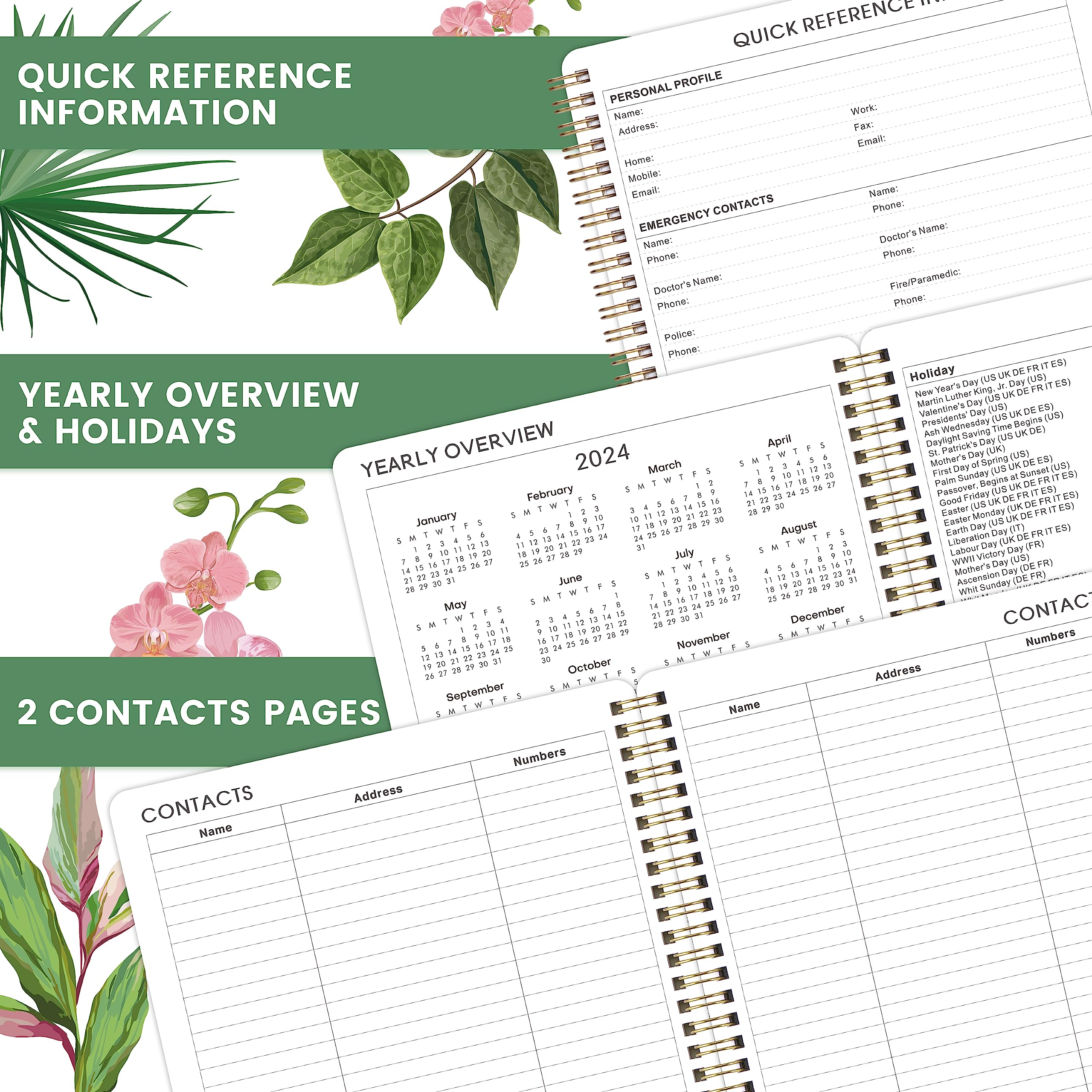 2024 Planner - Jan. 2024 - Dec. 2024, Planner 2024, 8" x 10", 2024 Planner Weekly and Monthly with Marked Tabs + Thick Paper + Contacts + Calendars + Holidays + Twin-Wire Binding - White Floral