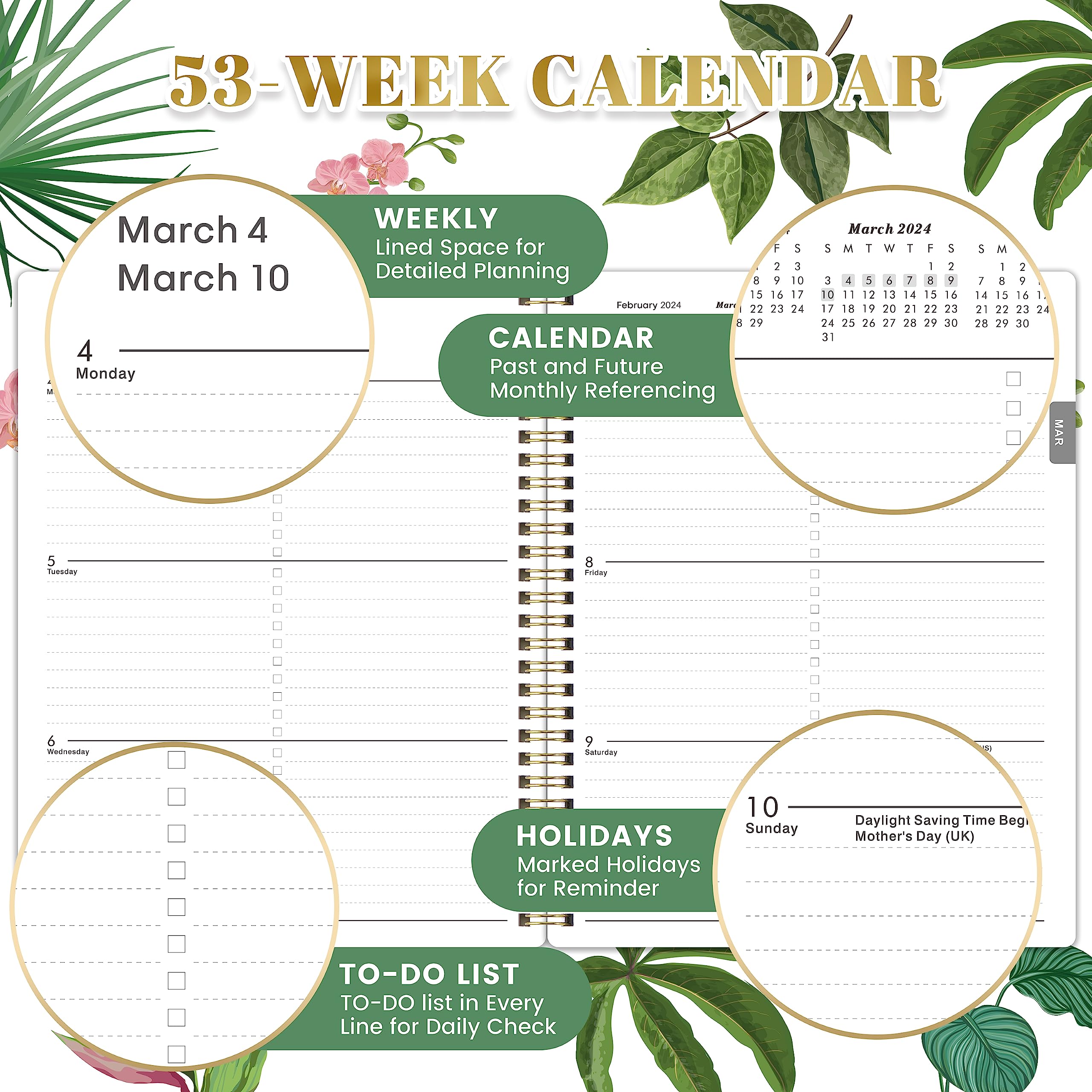 2024 Planner - Jan. 2024 - Dec. 2024, Planner 2024, 8" x 10", 2024 Planner Weekly and Monthly with Marked Tabs + Thick Paper + Contacts + Calendars + Holidays + Twin-Wire Binding - White Floral