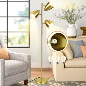 DLLT Modern Floor Lamp, 3-Light Reading Standing Tree Lamp, Gold Corner Floor Lamp with Adjustable Metal Heads, Brass Tall Pole LED Lighting for Living Room, Bedroom, Office, E26 Base (Bulbs Include)