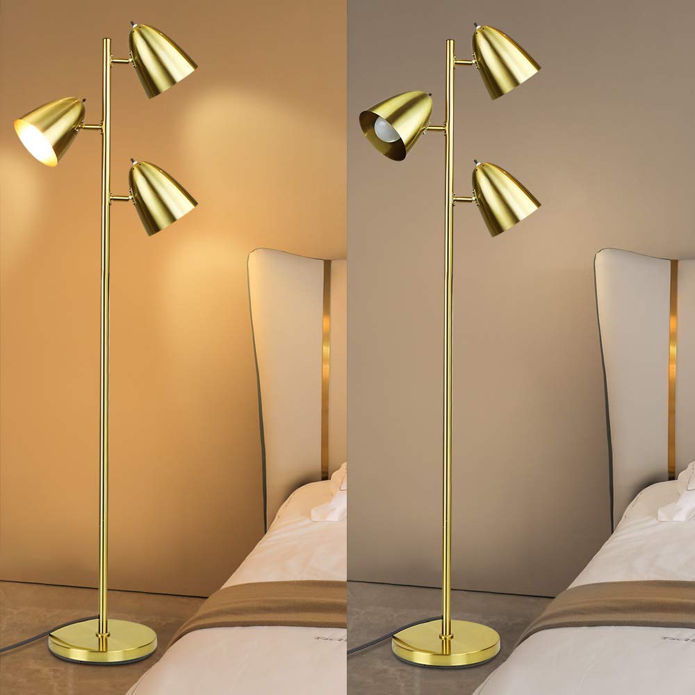 DLLT Modern Floor Lamp, 3-Light Reading Standing Tree Lamp, Gold Corner Floor Lamp with Adjustable Metal Heads, Brass Tall Pole LED Lighting for Living Room, Bedroom, Office, E26 Base (Bulbs Include)