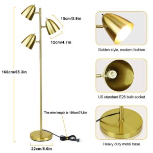 DLLT Modern Floor Lamp, 3-Light Reading Standing Tree Lamp, Gold Corner Floor Lamp with Adjustable Metal Heads, Brass Tall Pole LED Lighting for Living Room, Bedroom, Office, E26 Base (Bulbs Include)