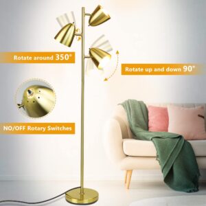 DLLT Modern Floor Lamp, 3-Light Reading Standing Tree Lamp, Gold Corner Floor Lamp with Adjustable Metal Heads, Brass Tall Pole LED Lighting for Living Room, Bedroom, Office, E26 Base (Bulbs Include)