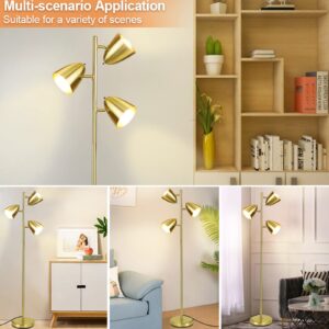 DLLT Modern Floor Lamp, 3-Light Reading Standing Tree Lamp, Gold Corner Floor Lamp with Adjustable Metal Heads, Brass Tall Pole LED Lighting for Living Room, Bedroom, Office, E26 Base (Bulbs Include)