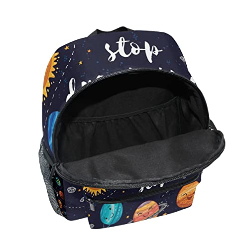 Pfrewn Cute Solar System Space Toddler Backpacks for Kids Never Stop Dreaming Preschool Schoolbag Backpack for Boys Mini Kindergarten Nursery Bag with Chest Strap